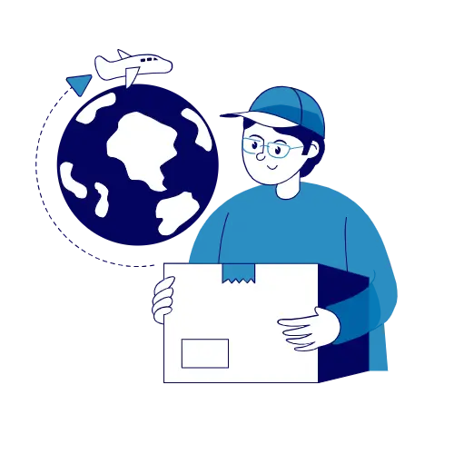 Person holding a large box with a globe and airplane in the background